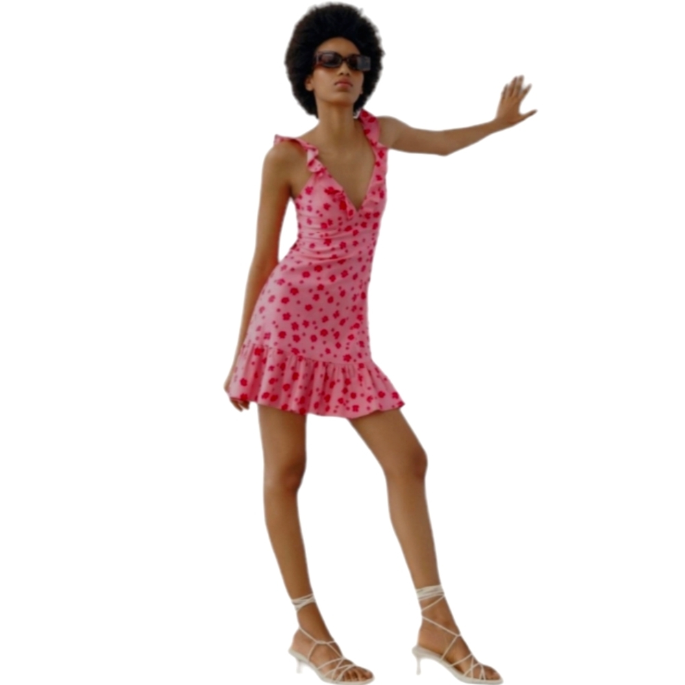 Zara Pink Linen Blend Floral Garden Party Twee Coquette Ruffled Mini Dress Small